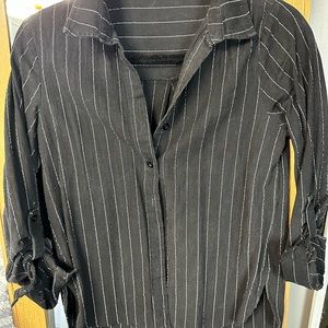 Classic pinstripe woman’s button down 3/4 length sleeve shirt